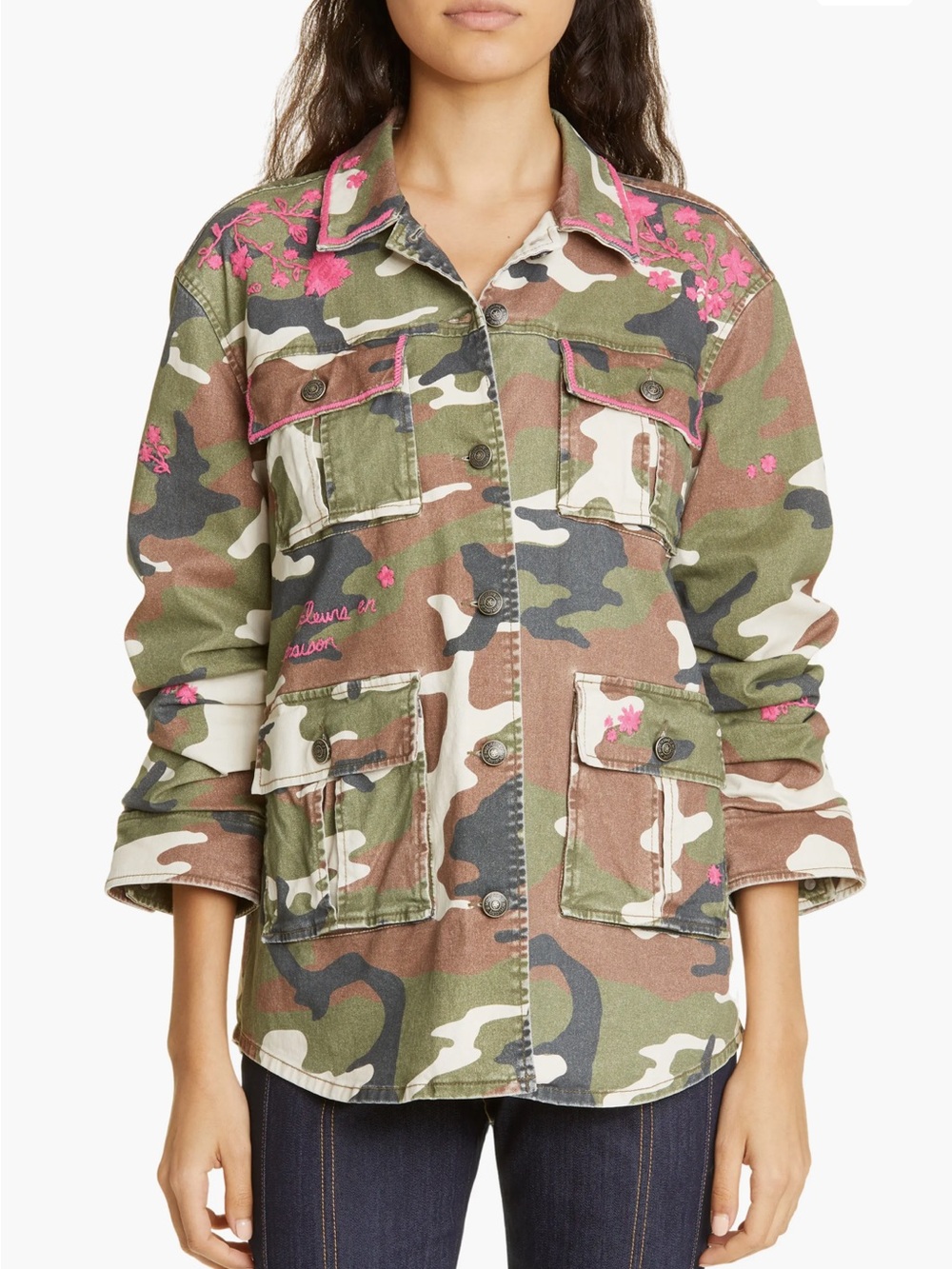 Cinq à Sept Vera Floral Embroidery Camo Stretch Cotton Utility Jacket XS